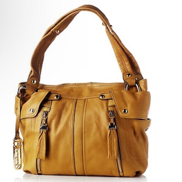 B. Makowsky Tan East West Sadie Pocket Shopper Caramel Leather Shoulder Bag NWT - Picture 1 of 13